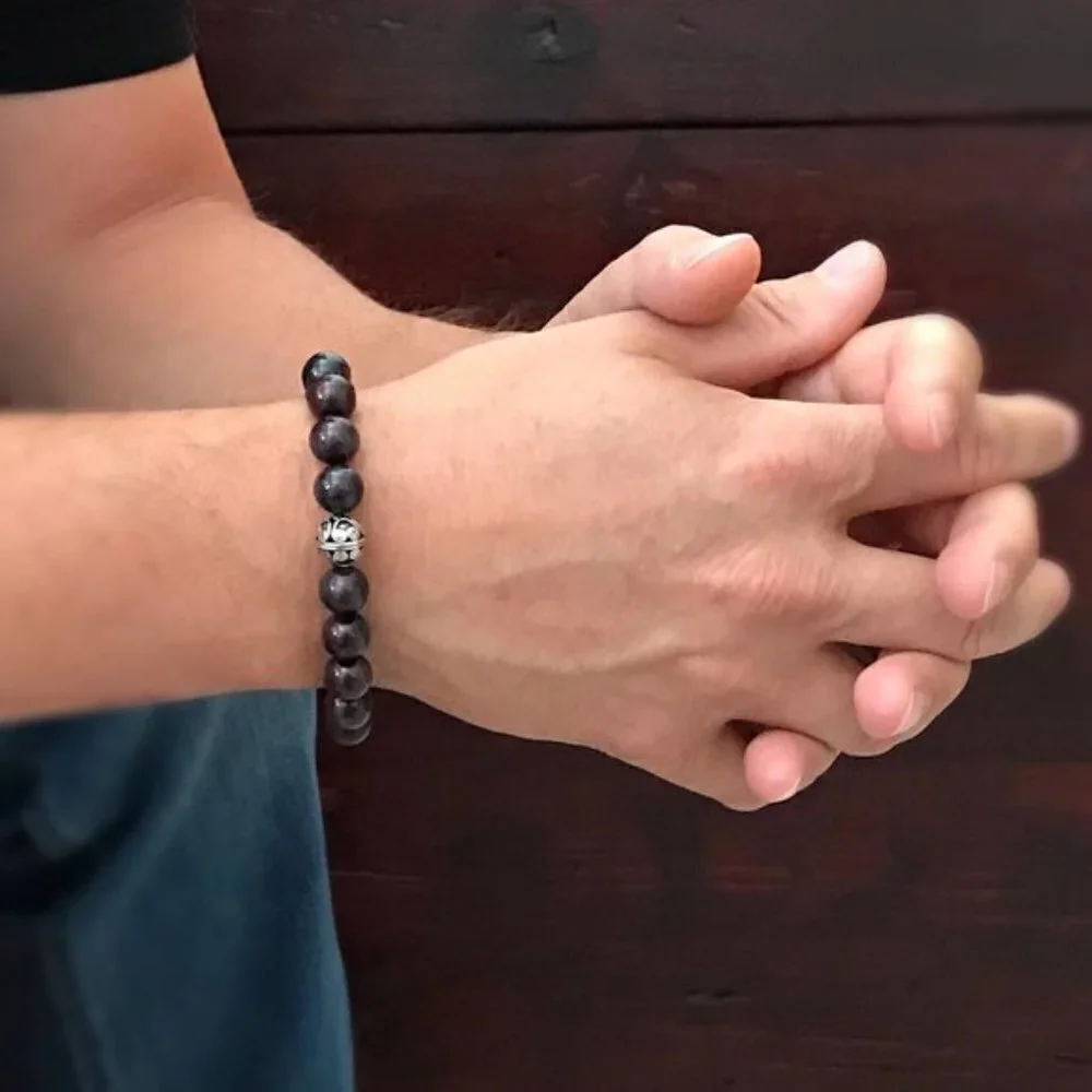 Men's Burgundy Jasper Gemstone Stretch Bracelet Sterling Silver Bead 10mm Beads